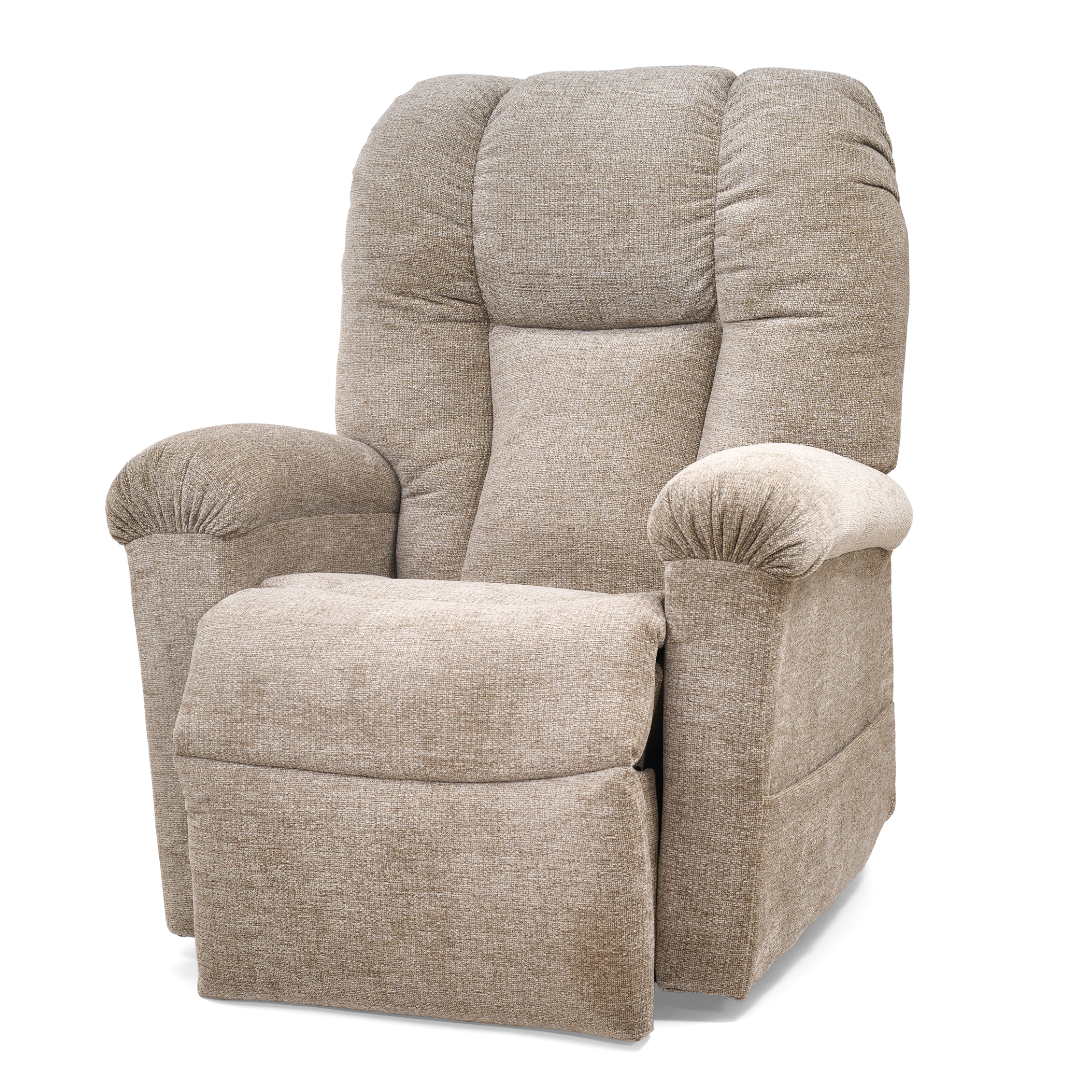 The Golden Tech PR527 Cloud Recliner With Lift Assist & Twilight is a light brown upholstered zero gravity chair with padded armrests and raised footrest, shown isolated on a white background.